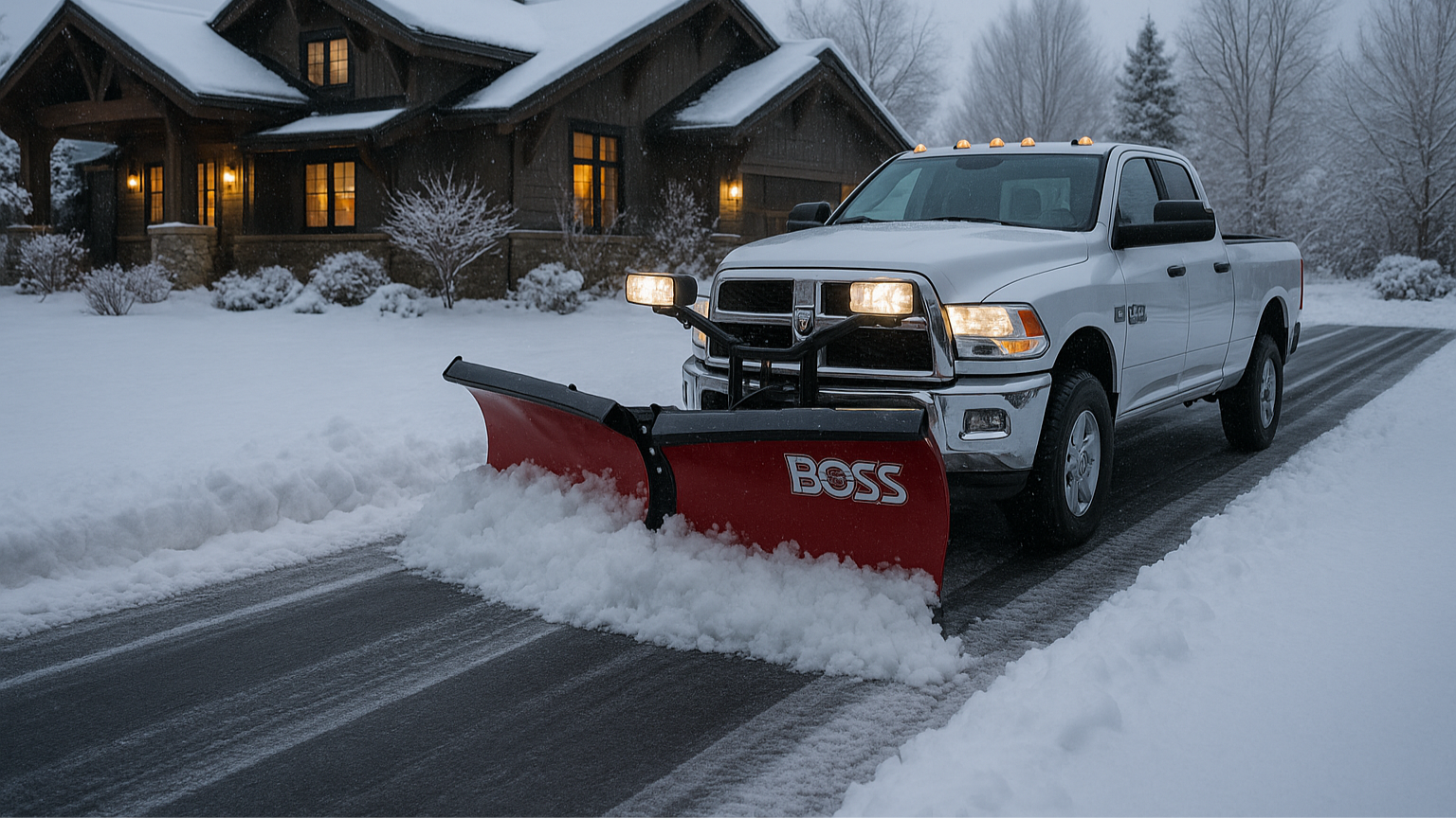 White pickup truck with snow plow in front of a house during winter