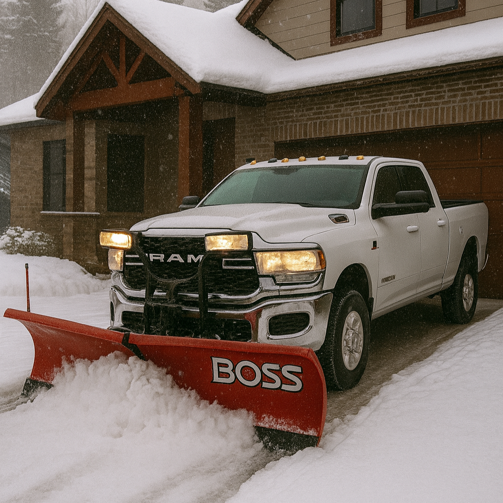 White Ram truck with a red snow plow in front of a house during a snowstorm