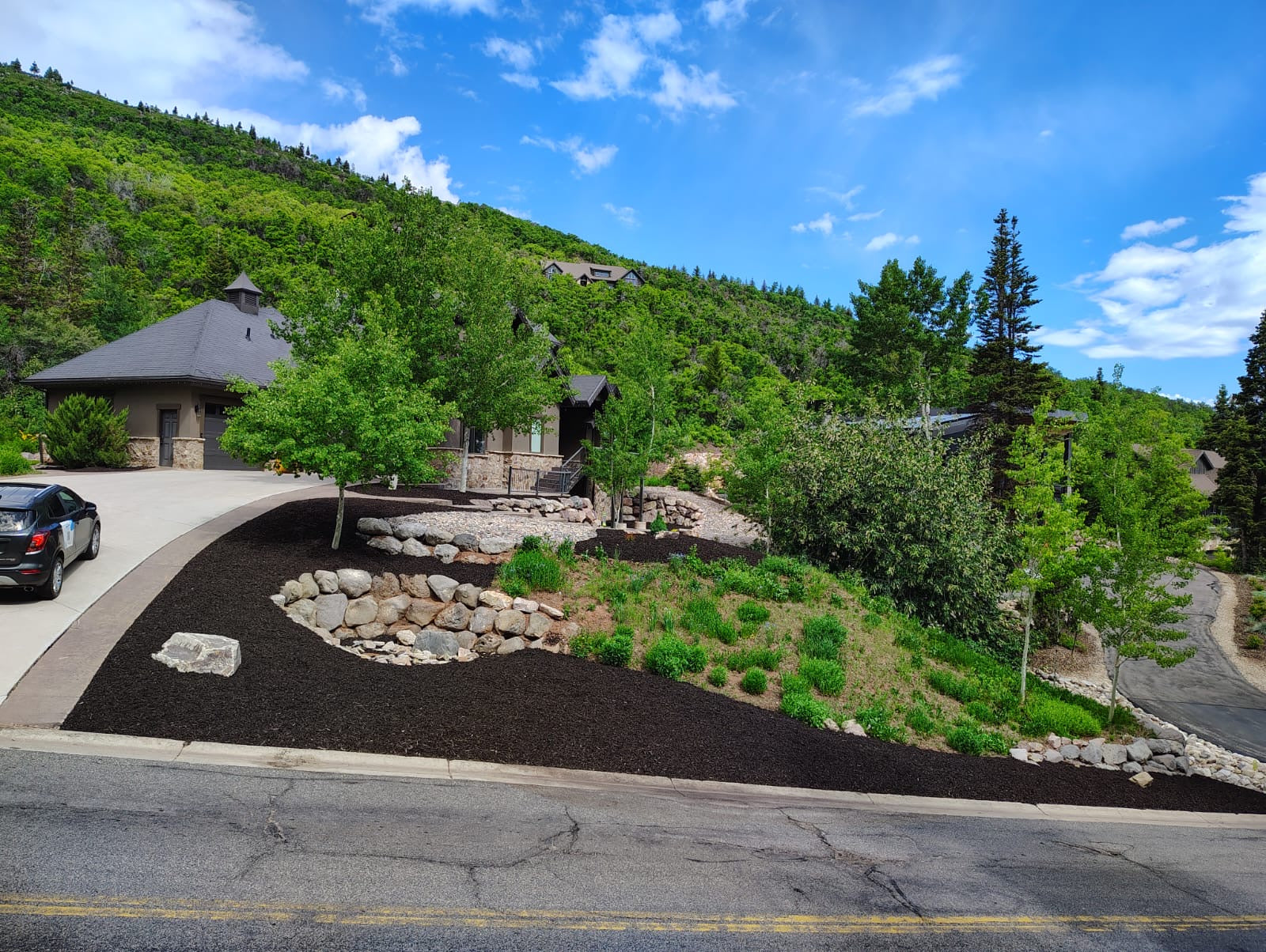 Decorative rock and mulch landscaping project in Park City, Utah