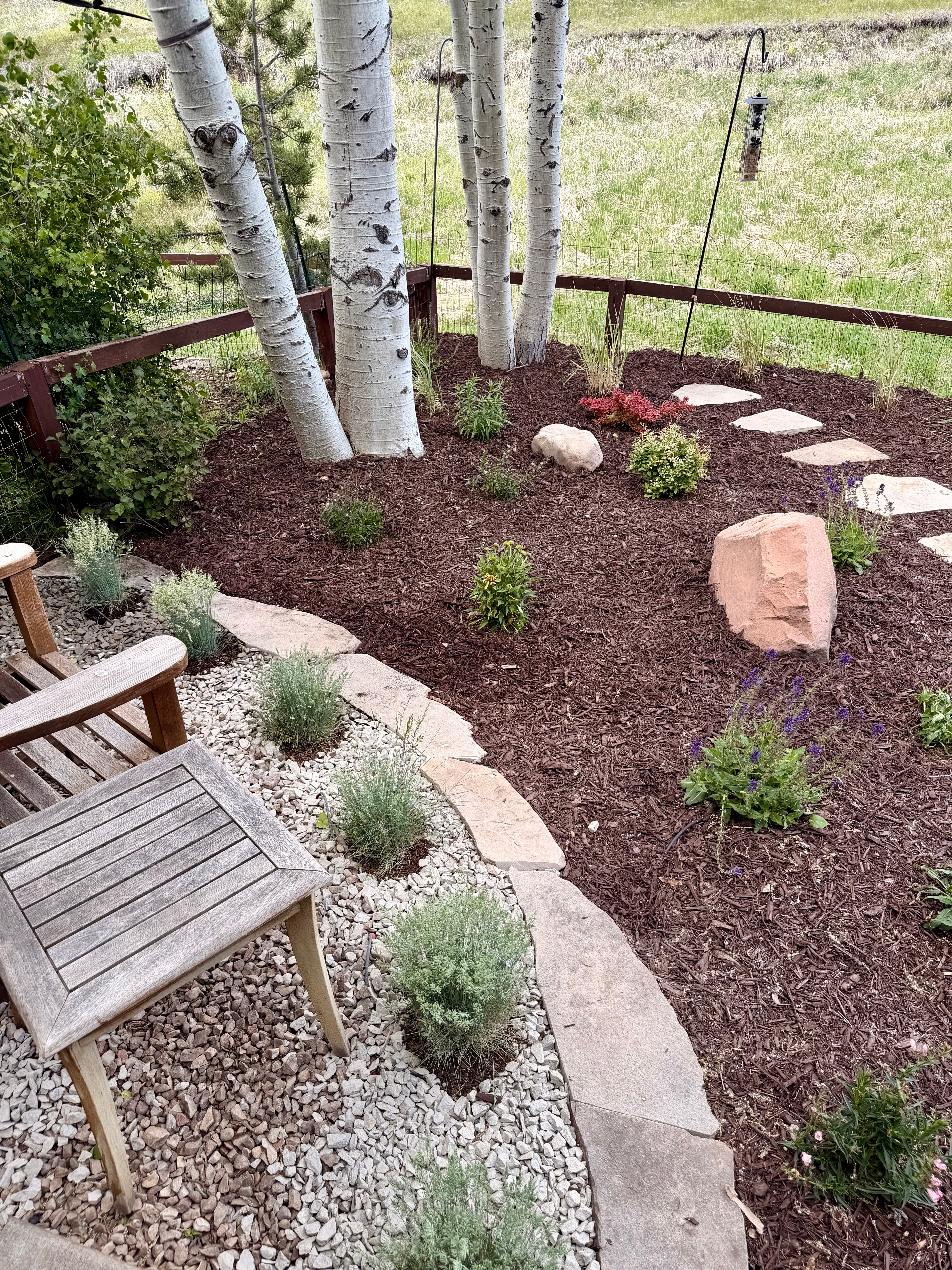 Landscaping project in Park City with mulch, decorative rock, garden plants, boulders, and a natural stone path.